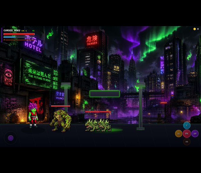A cyberpunk-themed video game screenshot featuring a neon green character named 'CURSED ROKU' fighting monstrous enemies in a dystopian cityscape with Japanese signage.