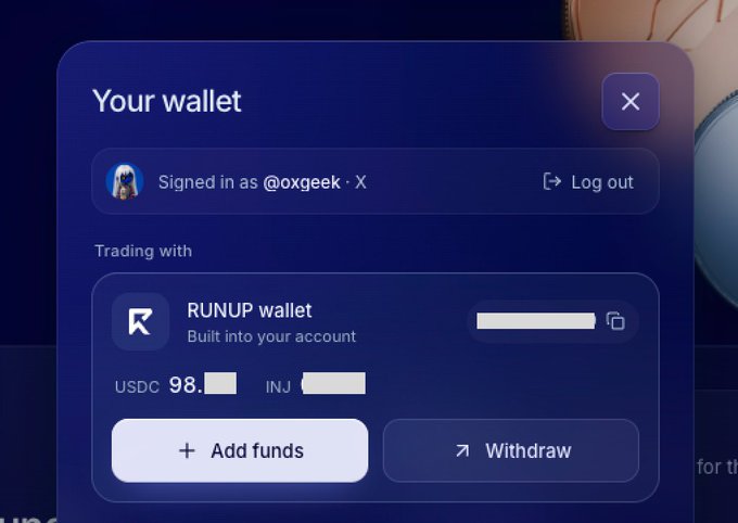 A wallet interface showing a RUNUP wallet built into the account for user @oxgeek, displaying balances of 98.?? USDC and an INJ amount, with options to "Add funds" or "Withdraw" to prepare for trading on runup.fun.
