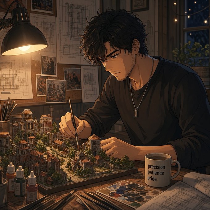 An anime-style illustration of a young man with dark hair carefully painting a miniature city model at a desk, with a mug reading 'precision Patience pride'.