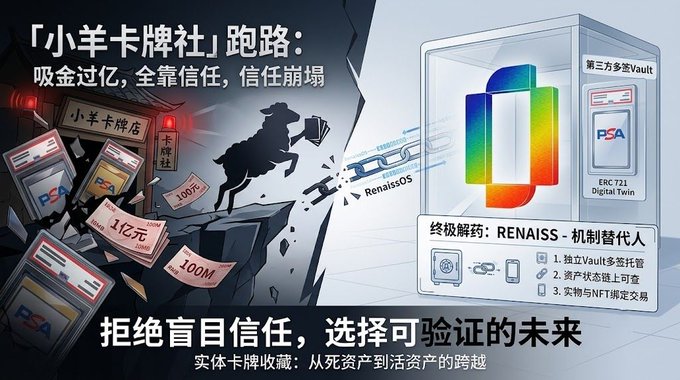 A Chinese-language promotional graphic contrasting a collapsing '小羊卡牌社' (Little Sheep Card Shop) run by trust with a futuristic 'RENAISS' Digital Twin vault system, featuring 'PSA' graded cards and text about 'ERC 721'.