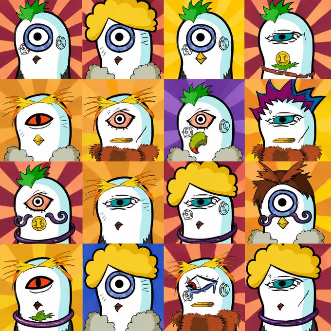 A 4x4 grid showcases 16 unique cartoon bird characters with varying hairstyles, eye designs, and accessories, some featuring a "13" token, serving as NFT promotional art for the upcoming Boo Hood mint on Robinhood.