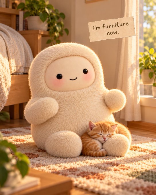 A cute, fluffy cream-colored plush character with rosy cheeks sits on a rug in a cozy room, smiling down at a sleeping orange tabby kitten cuddled against it. A text note above the character reads "i'm furniture now."