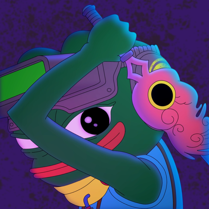 The image features a cartoon frog with green skin, wearing a blue shirt and holding a sword over its head. The frog appears to be in motion, flying through the air as if exploring an unknown territory or embarking on an adventure. The background is dark purple, which contrasts with the bright colors of the frog's outfit and adds depth to the scene. The image also includes text that reads "gm CT PEPE EXPLORERS is absolutely flying 0.0149 ATH eth volume that'S honestly crazy for a project that many people weren't even paying attention to at first congrat to everyone who minted and held".