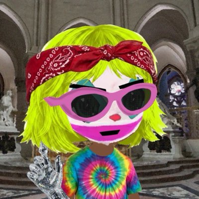 A Memoji-style avatar of a person with bright yellow hair, a red bandana, pink sunglasses, clown-like makeup, and a tie-dye shirt, set against a cathedral or palace interior background.