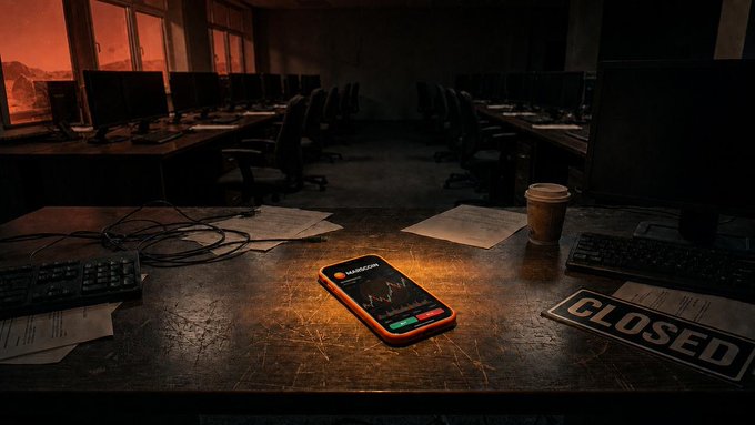 An abandoned, dimly lit office features a smartphone displaying a "MARSCOIN" stock chart with a rising trend, alongside a "CLOSED" sign and scattered paperwork. The desolate scene symbolizes MarsCoin's/SPCXB's meteoric rise amid market abandonment or neglect, reflecting the crypto's volatile yet upward trajectory noted in the post.