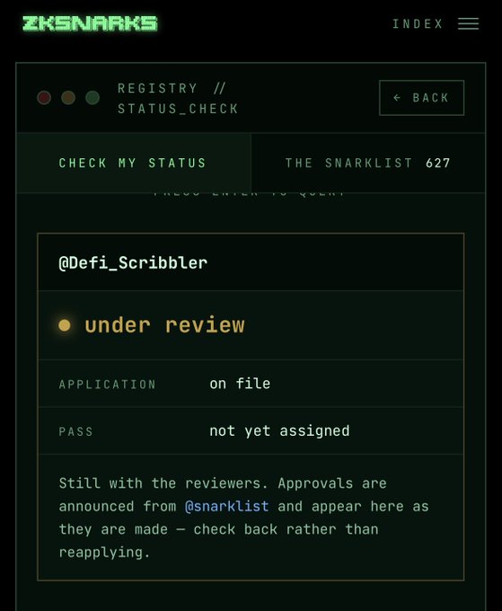 A "Registry Status Check" page on ZKSNARKS shows the Twitter handle @Defi_Scribbler with a status of "under review," indicating their application is on file but a pass has "not yet assigned." The image relates to the post by showing the author checking their pending status for @snarklist approval, anxiously awaiting acceptance as their friends have already been whitelisted for the limited 350 spots.