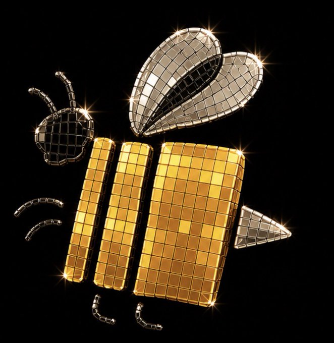 The image features a 3D rendering of a bee made out of small cubes, with each cube representing a pixel. The bee has a shiny gold color and is positioned against a black background. The text "S5 settles June 30" is written in white at the bottom right corner of the image.