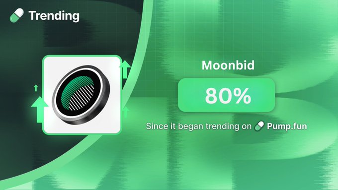 A green-themed promotional graphic showing 'Trending' on Pump.fun with the token 'Moonbid' displaying an 80% increase.