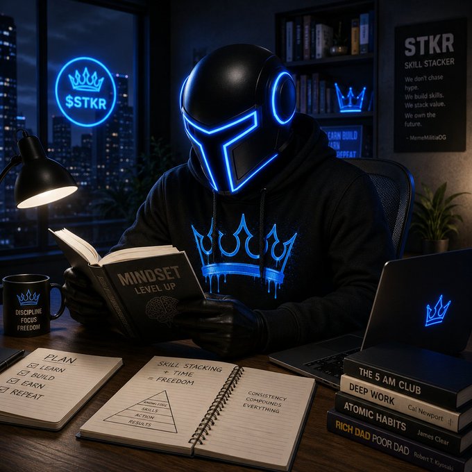 An AI-generated image of a hooded figure wearing a glowing neon blue helmet with a crown design, reading a book titled 'MINDSET: LEVEL UP' surrounded by self-improvement books like 'Atomic Habits' and 'Rich Dad Poor Dad'.