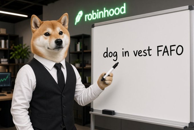 An anthropomorphic Shiba Inu dog wearing a white shirt, black tie, and vest stands in a Robinhood-branded office pointing at a whiteboard that reads 'dog in vest FAFO'.