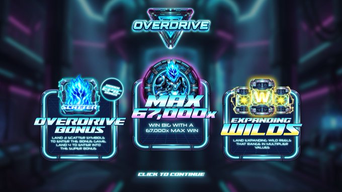A promotional graphic for the slot game "OVERDRIVE" featuring three game features: "OVERDRIVE BONUS" with 3 scatter symbols to enter the super bonus, a "MAX 67,000x" jackpot with a max win of 67,000x the bet, and "EXPANDING WILDS" that land expanding wild reels. The image appears to be a giveaway prize for NeoStudios and Roobet on Twitter.