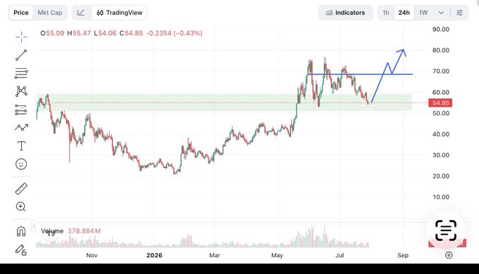 The image shows a TradingView candlestick chart for $HYPE with a current price of $54.85 (-0.43%), displaying price action from late 2025 through August 2026 with an annotated blue arrow suggesting a potential breakout toward the $80 area.

The chart visually supports the bullish thesis in the caption, showing buyers stepping in around the $56-$59 support zone (highlighted in green), with the drawn arrow indicating the projected move back toward all-time highs and a break above $75 as the key trigger for further upside.