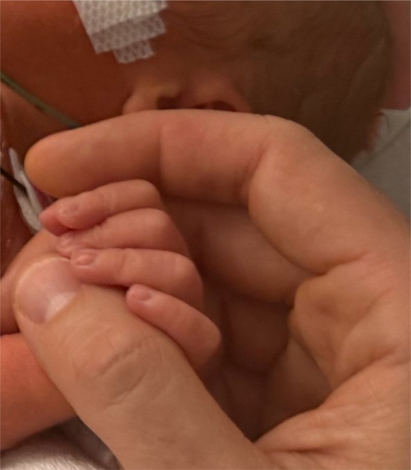 A tiny hand of a newborn grasps an adult's finger, with medical tape visible on the baby's chest, reflecting the post's heartfelt announcement of a "new bitcoiner born at block height 960,200" who is currently in the NICU. The intimate image captures the vulnerable newborn whose arrival coincides with the father's urgent need to move his bitcoins to an exchange during a whirlwind week.