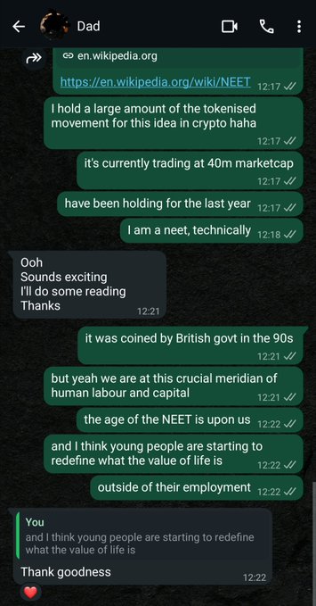 The image shows a cell phone screen displaying several messages from different people, including text messages sent by a father and son duo. One of the messages reads "time to neet pill dad", which could be interpreted as an invitation for the father to help his son with his online learning or research project related to cryptocurrency. 

The father is described as a "good guy" in one message, while another message refers to him as a "bitch". The messages also include references to Bitcoin and NBT, which are likely related to the ongoing discussion about cryptocurrency. Overall, the image captures a moment of communication between family members or friends, with various opinions and emotions being expressed through text messages.