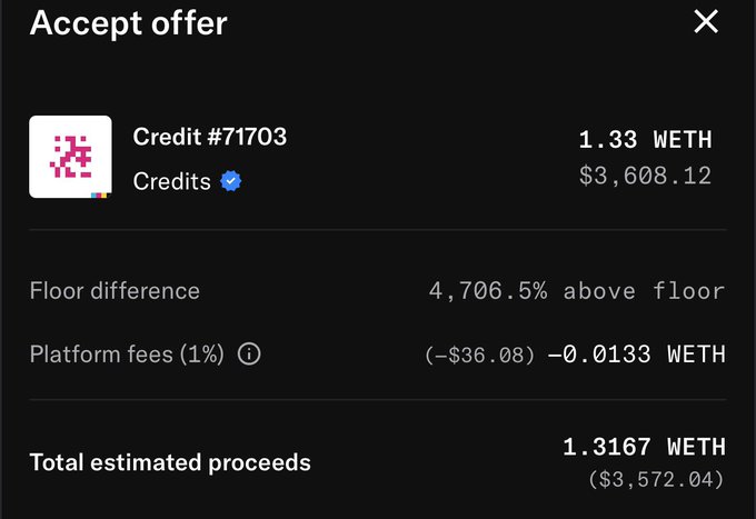 An 'Accept offer' modal displays Credit #71703 priced at 1.33 WETH ($3,608.12), showing floor difference of 4,706.5% above floor and total estimated proceeds of 1.3167 WETH.