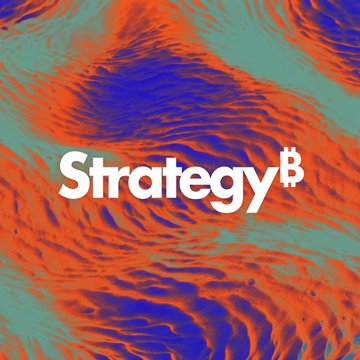 The image displays the word "Strategy" with a Bitcoin symbol replacing the "S" in the second "Strategy," set against a vibrant orange, purple, and teal textured background. It relates to the post by highlighting Strategy (formerly MicroStrategy), the company mentioned as holding 843,775 BTC and shifting focus from buying Bitcoin to building liquidity reserves.