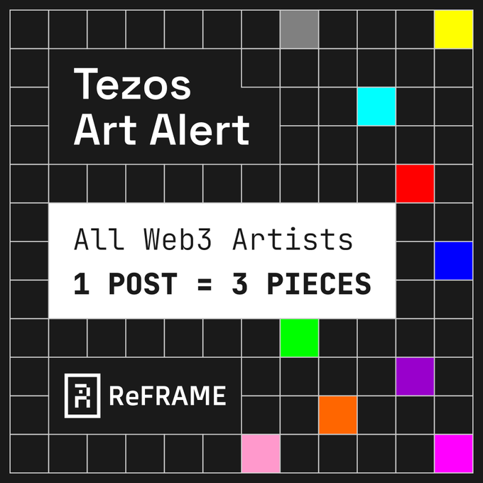 The image features a black and white grid with various colored squares, including red, blue, green, yellow, pink, purple, orange, and more. The text "It's Art on Tezos Friday" is written above the grid, indicating that this image is related to an art-related post on Tezos. The post suggests that artists should drop their posts at least once a week for maximum engagement with viewers.