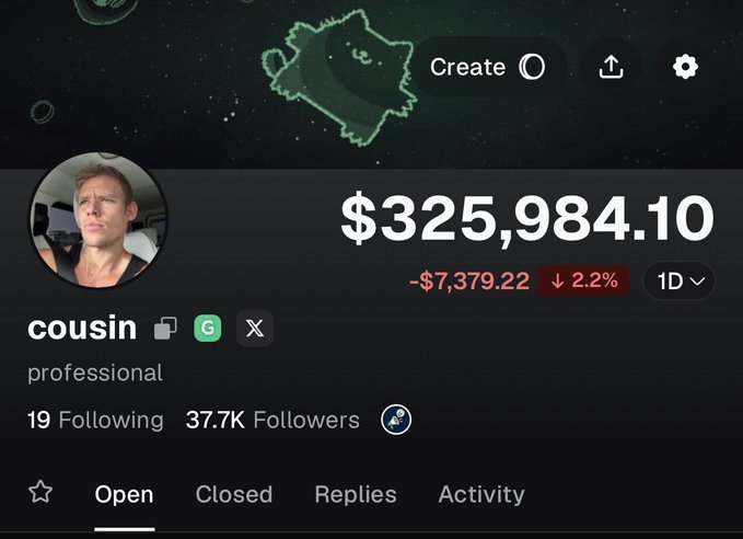 A screenshot of a profile for “cousin” shows a meme portfolio balance of $325,984.10, down $7,379.22 (2.2%) over 1D, with 37.7K followers. It illustrates the accompanying post about the creator being down $300K in three days while publicly maintaining a long-term goal of reaching $1M.