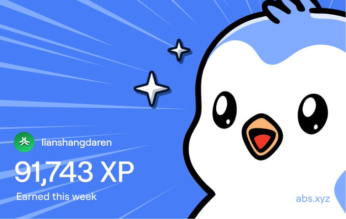 A blue graphic with a cute white character showing '91,743 XP Earned this week' for user 'lianshangdaren' on abs.xyz.