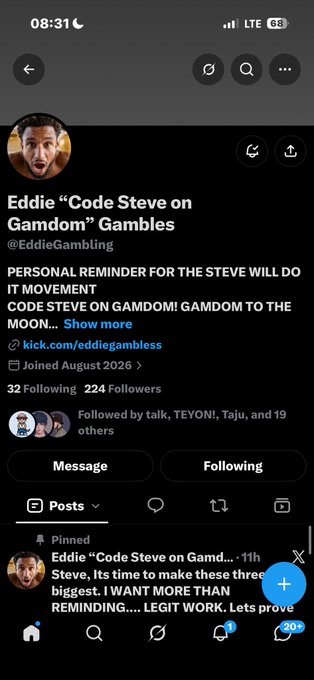 A screenshot of an X (Twitter) profile for 'Eddie "Code Steve on Gamdom" Gambles' (@EddieGambles) promoting a movement and sharing a kick.com link, showing 32 Following and 224 Followers.