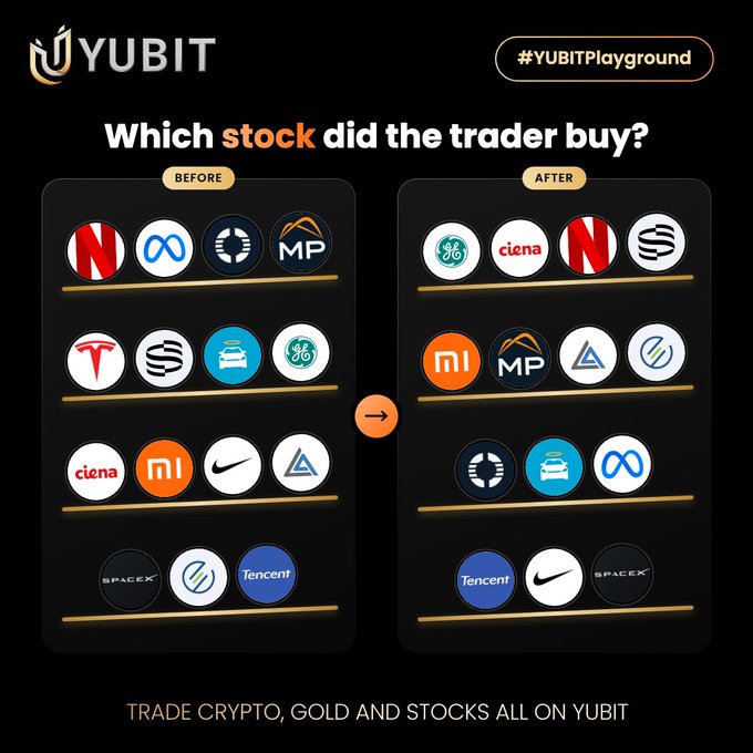 A puzzle graphic from YUBIT titled 'Which stock did the trader buy?' showing 'BEFORE' and 'AFTER' grids of various company logos (like Netflix, Meta, Tesla, Nike, SpaceX, Tencent, etc.) with the prompt 'TRADE CRYPTO, GOLD AND STOCKS ALL ON YUBIT'.