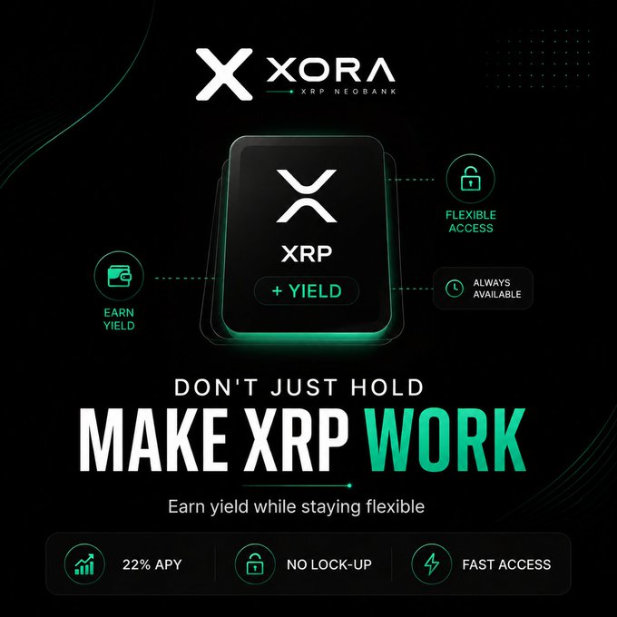 Promotional graphic for XORA, an XRP Neobank, featuring the XRP logo with '+ YIELD' text, icons for 'Earn Yield', 'Flexible Access', and 'Always Available', with the tagline 'DON'T JUST HOLD MAKE XRP WORK' and features '22% APY', 'NO LOCK-UP', and 'FAST ACCESS'.