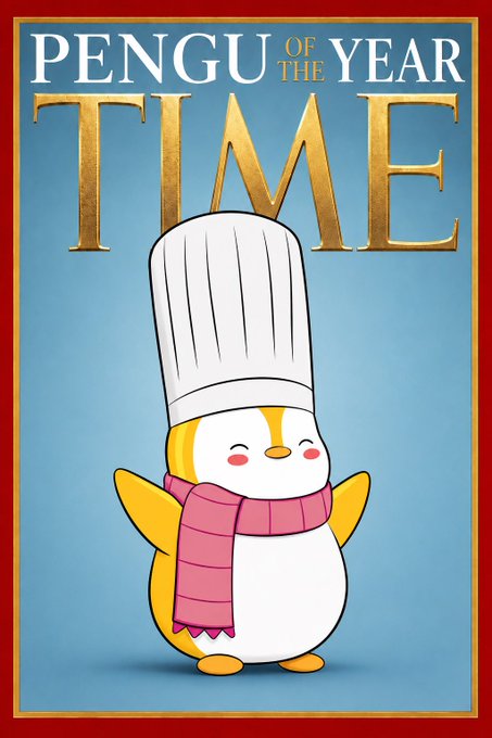 A TIME magazine-style cover featuring 'PENGU OF THE YEAR TIME' with a cartoon penguin wearing a chef's hat and pink scarf.