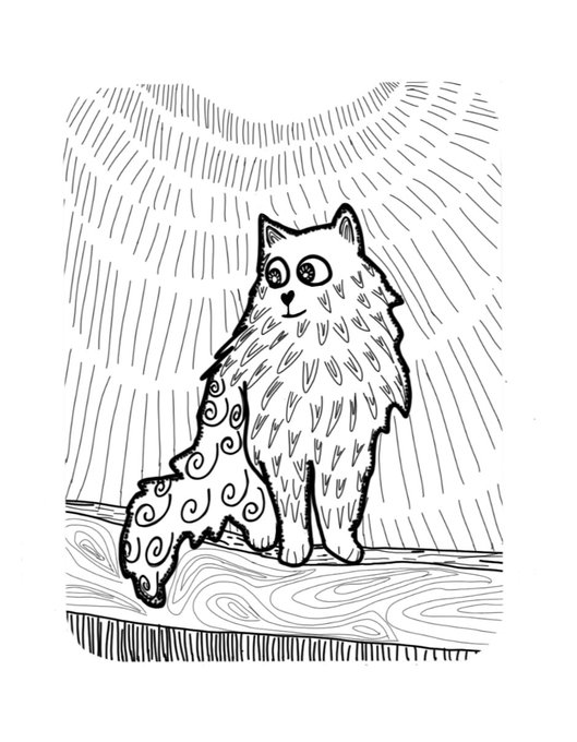A black and white line art drawing of a fluffy cat sitting on a wooden surface with a swirling patterned tail.