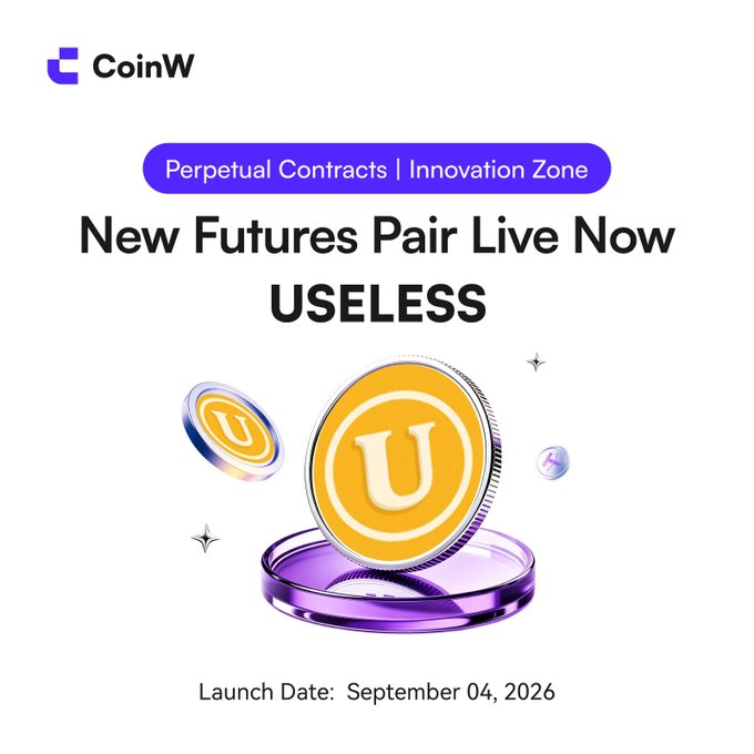 A promotional graphic from CoinW announcing the launch of new perpetual futures trading for the USELESS token (ticker: $USELESS) in their Innovation Zone, scheduled for September 04, 2026, featuring a large yellow coin emblazoned with a "U" on a purple pedestal.