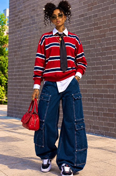 A woman poses on a city sidewalk against a brick wall, wearing an oversized red, white, and navy striped polo sweater, baggy cargo-style denim jeans, sunglasses, and carrying a small red handbag.