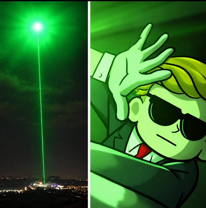 A split image: on the left, a green laser beam shooting into the night sky above city lights; on the right, the Fallout video game character Vault Boy shielding his eyes.