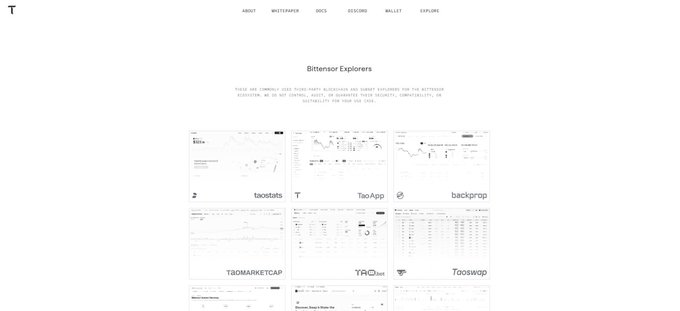 A portfolio website displays a grid of project screenshots under the heading "Bittensor Explorers," featuring decentralized AI and data platform interfaces including TaoStats, Tao App, Backprop, TaoMarketCap, TAO.bot, and Taostats, illustrating the growing ecosystem of tools and applications built on the Bittensor network.
