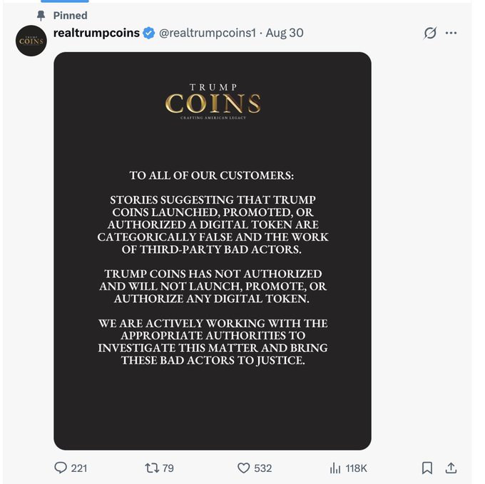 A pinned tweet from @realtrumpcoins1 dated Aug 30, with a statement from TRUMP COINS denying any connection to a digital token, stating the stories are 'categorically false and the work of third-party bad actors.'