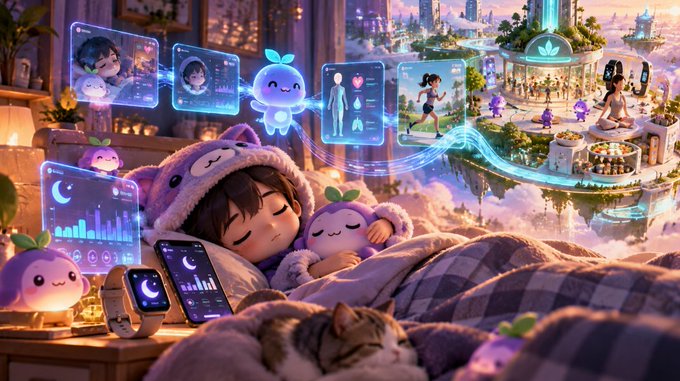 An anime-style illustration of a person sleeping in a purple bear-eared onesie, surrounded by glowing digital screens, a sleeping cat, and small plush characters, with a floating futuristic city in the background.
