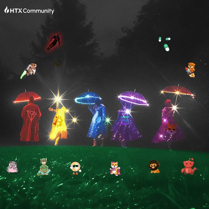 An artistic HTX Community image showing five figures holding illuminated umbrellas in a dark field, with small chibi-style crypto characters and flying memes above them.