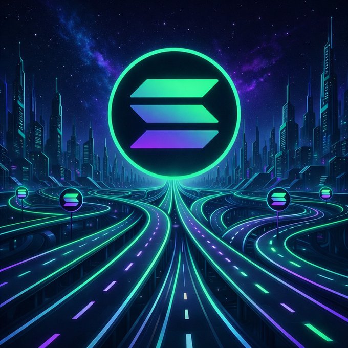 A glowing Solana (SOL) logo hovers above a futuristic cityscape where neon-lit highways converge, visually echoing the caption "ALL ROADS LEAD TO SOLANA" as the digital token stands as the central destination point. Smaller Solana logos line the roads, reinforcing the message that the blockchain network is the ultimate hub for crypto traffic.
