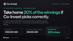 A "Co-Invest" promotional banner offering "Take home 20% of the winnings if Co-Invest picks correctly," showing a $100,000 bankroll, $10,000 bet, and 20% share win, which relates to the post about using the Co-Invest AI to make predictions for football market positions.