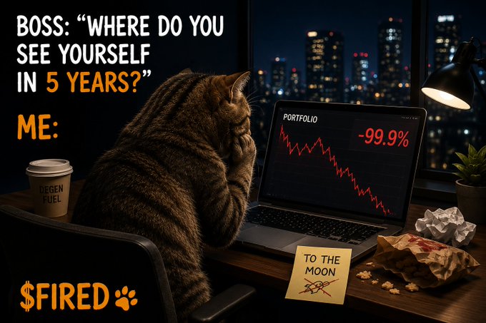 A meme shows a stressed cat at a desk looking at a laptop displaying a 'PORTFOLIO' down '-99.9%' with text reading 'BOSS: "WHERE DO YOU SEE YOURSELF IN 5 YEARS?" ME:' and a '$FIRED' logo.