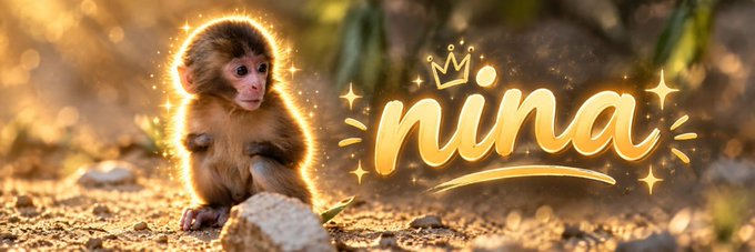 A small golden monkey sits on rocky ground beside the stylized text "nina," topped with a small crown — a charming visual banner for the Solana token $ニーナ (nina).