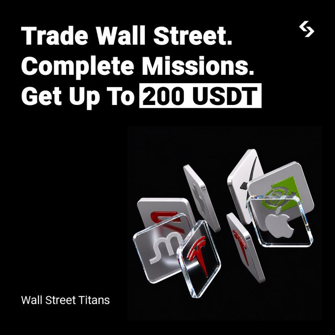 A black promotional graphic with the text "Trade Wall Street. Complete Missions. Get Up To 200 USDT" and "Wall Street Titans" below floating 3D cards showing Tesla, Apple, and other logos.