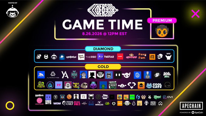 A vibrant digital flyer announces 'SESSION 16 GAME TIME' on August 26, 2026, at 12PM EST, listing various brand logos organized into 'Diamond' and 'Gold' tiers.