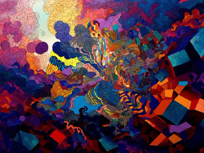 A vibrant, psychedelic abstract digital artwork featuring swirling patterns, geometric shapes, and a rich palette of blues, purples, oranges, and yellows.