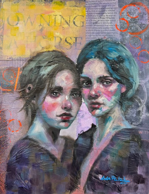 A colorful mixed-media painting of two figures with the text "OWNING A HORSE" and a signature reading "Kara Peton" at the bottom.