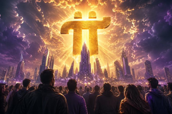 A dramatic digital artwork depicting a crowd of people facing a glowing golden Pi (π) symbol rising above a futuristic cityscape at sunset.