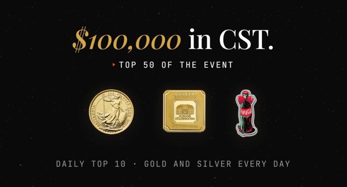 The image advertises a "$100,000 in CST" prize pool for the top 50 participants in the "Golden Bridge" event, showcasing the physical rewards: a gold coin, a silver ingot, and a red figurine badge. It complements the post by highlighting the tangible gold and silver prizes distributed daily to top 10 performers, reinforcing the event's blend of structured staking incentives and collectible rewards.