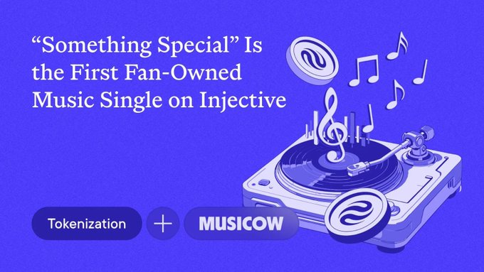 A promotional graphic on a purple background announcing that 'Something Special' is the first fan-owned music single on Injective, featuring a record player illustration and logos for Tokenization and Musicow.