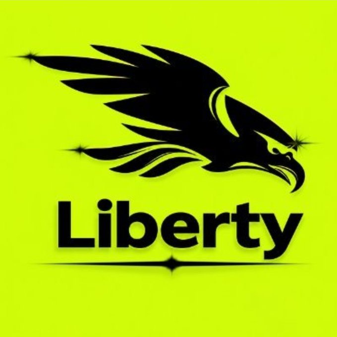 A Liberty logo featuring a black eagle/hawk design with the word 'Liberty' in bold black text on a bright neon yellow-green background.