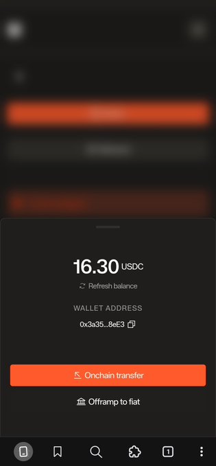 A mobile wallet interface displays a balance of 16.30 USDC with wallet address 0x3a35...8eE3, and buttons for 'Onchain transfer' and 'Offramp to fiat'.