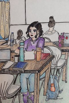 A watercolor sketch of a person with short dark hair sitting at a desk in what appears to be a classroom or study area, surrounded by school supplies.