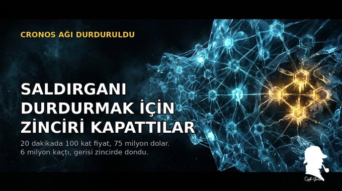 A news graphic with Turkish text reading 'CRONOS AĞI DURDURULDU' and 'SALDIRGANI DURDURMAK İÇİN ZİNCİRİ KAPATTILAR', stating that the price increased 100x in 20 minutes, reaching $75 million, with $6 million stolen before the chain was shut down.